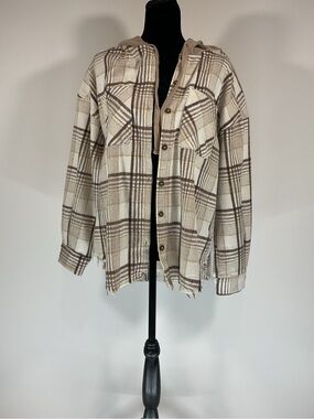 New In Hooded Plaid Shacket Shirt Jacket Cream Brown Size S